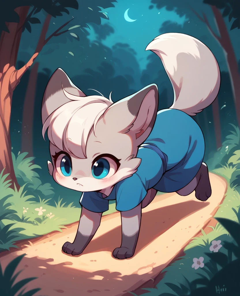 little fox, feral, gray fur, silver fur, blue eyes, white hair, girl, short hair, blue dress, cute fox, cub, running in all fours on the forest, night