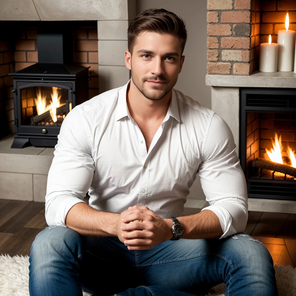 1man, A full body shot of a charismatic male fitness model, 30 years old，small beard, Sexy and charming expression，gloomy eyes，Blue eyes, captured sitting by a fireplace and smiling slightly, wearing a fitted long-sleeve white shirt, warm natural lighting, cinematic and moody, (best quality,4k,8k,highres,masterpiece:1.2),ultra-detailed,(realistic,photorealistic,photo-realistic:1.37),HDR,studio lighting,professional,vivid colors,dramatic lighting