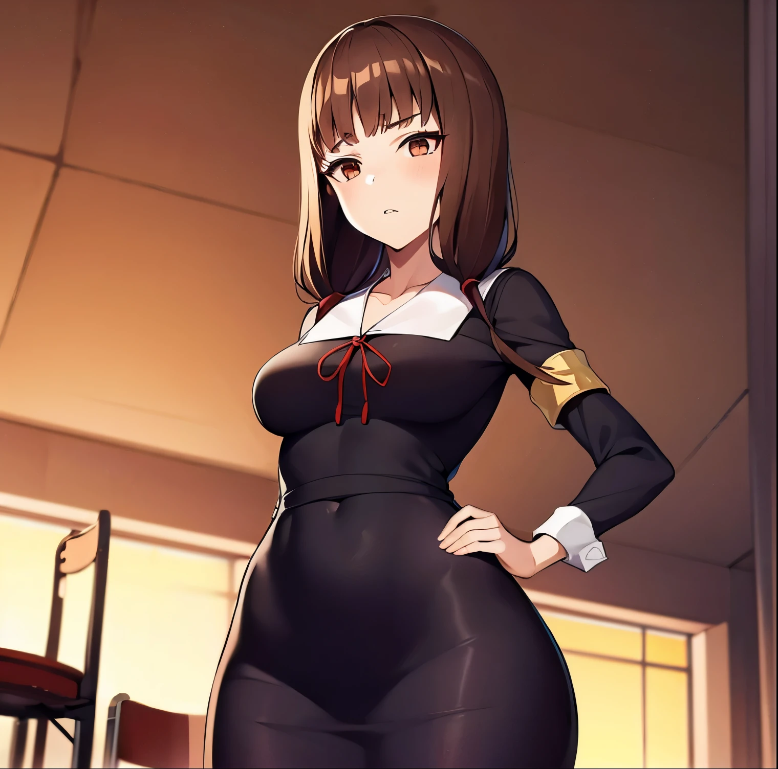 ((1girl)),((alone)),iino_miko, \( kaguya sama\),(masterpiece), (best quality), (ultra detailed), (best illustration), (best shadow), (absurdities), sharp focus, cowboy shot, atmospheric perspective, depth of field, dynamic posture, ((looking at viewer)), medium breasts, narrow waist, wide hips, medium thighs, round butt, erotic, romantic, (highly detailed eyes, lips 1.1), highly detailed eyes, eyes, Highly detailed face, Very beautiful face, Symmetrical face, Aesthetic face, perfect face, perfect eyes, detailed eyelashes: 1.5), full height, beautiful slim figure, femininity, expressive appearance, elastic medium breasts , sexuality, parted lips, long hair, brown hair, brown eyes, two pigtails, two low pigtails, blunt bangs, dress, collarbone, black dress, school uniform, shuuchiin academy school uniform, long sleeves, bracelet, medium breasts, ribbon, red ribbon, neckband, curves, defined body, Perfect and beautiful body, perfect and beautiful, calm look, closed mouth, ((stoic expression)), blushing, (sexy pose: 1.2), ((solo) ), standing: 1.3,((interior, school, student council room, table, chairs, paperwork window, sunset, clouds,)), Looking forward ,((focus on hips:1.4)), point of view: (from below), perfect anatomy, hands