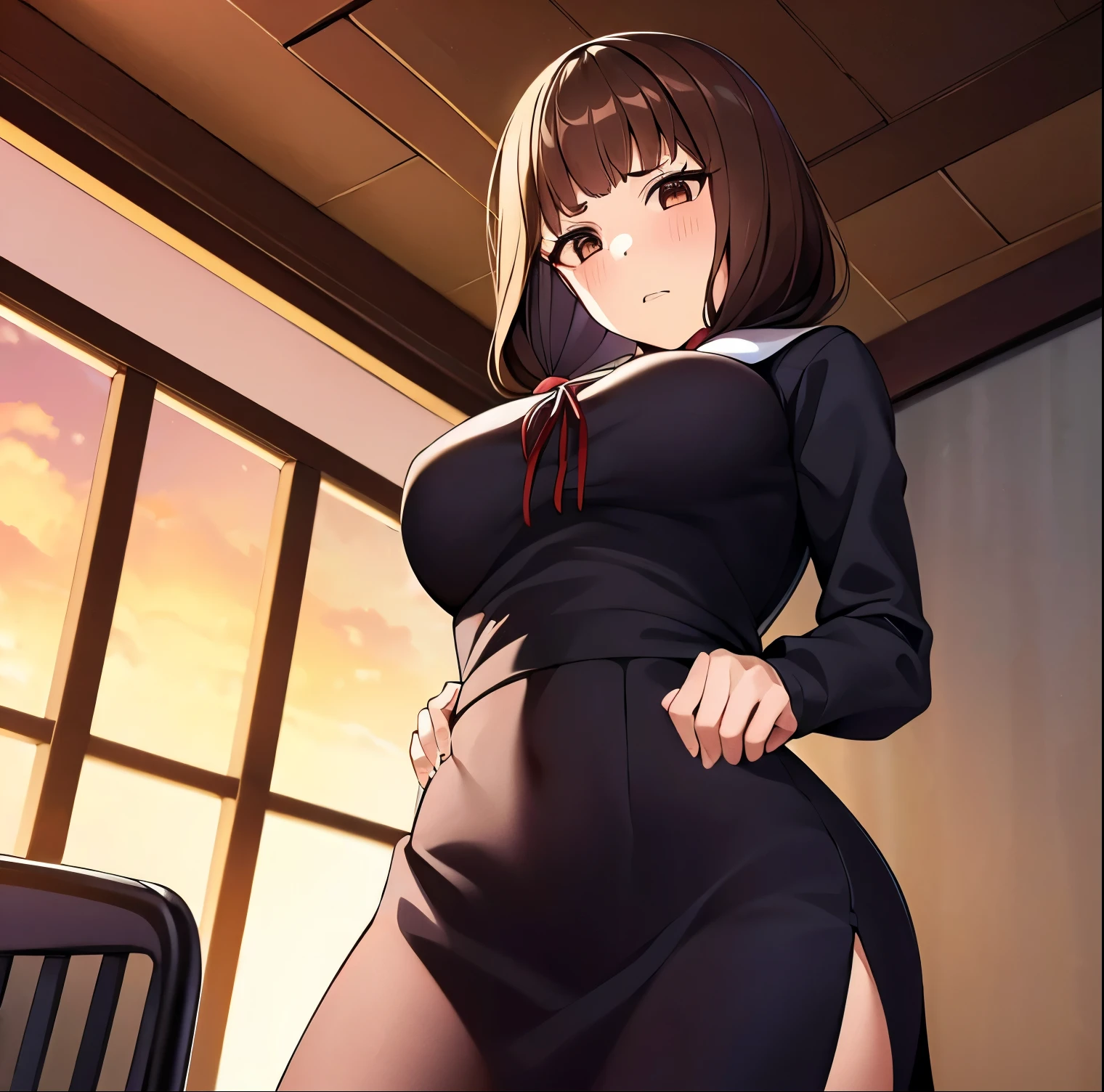 ((1girl)),((alone)),iino_miko, \( kaguya sama\),(masterpiece), (best quality), (ultra detailed), (best illustration), (best shadow), (absurdities), sharp focus, cowboy shot, atmospheric perspective, depth of field, dynamic posture, ((looking at viewer)), medium breasts, narrow waist, wide hips, medium thighs, round butt, erotic, romantic, (highly detailed eyes, lips 1.1), highly detailed eyes, eyes, Highly detailed face, Very beautiful face, Symmetrical face, Aesthetic face, perfect face, perfect eyes, detailed eyelashes: 1.5), full height, beautiful slim figure, femininity, expressive appearance, elastic medium breasts , sexuality, parted lips, long hair, brown hair, brown eyes, two pigtails, two low pigtails, blunt bangs, dress, collarbone, black dress, school uniform, shuuchiin academy school uniform, long sleeves, bracelet, medium breasts, ribbon, red ribbon, neckband, curves, defined body, Perfect and beautiful body, perfect and beautiful, calm look, closed mouth, ((stoic expression)), blushing, (sexy pose: 1.2), ((solo) ), standing: 1.3,((interior, school, student council room, table, chairs, paperwork window, sunset, clouds,)), Looking forward ,((focus on crotch:1.4)), point of view: (from below), perfect anatomy, hands