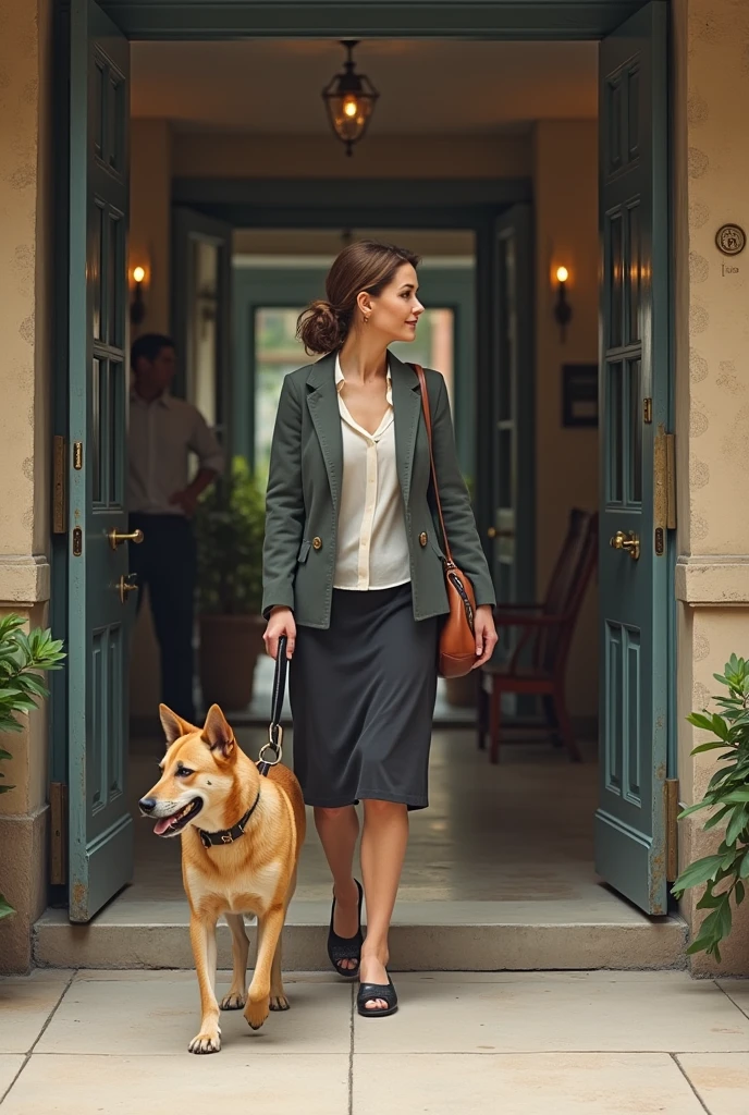 Woman walking dog leaving a building