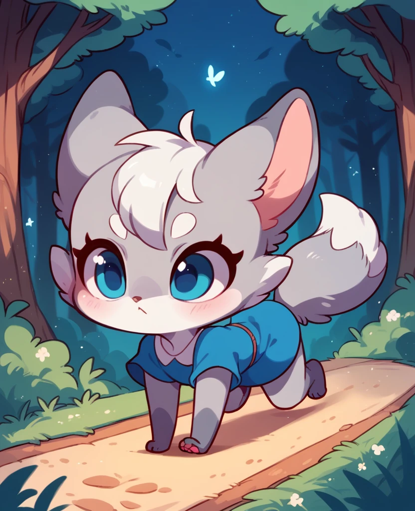 little fox, feral, gray fur, silver fur, blue eyes, white hair, girl, short hair, blue dress, cute fox, cub, running in all fours on the forest, night, chibi