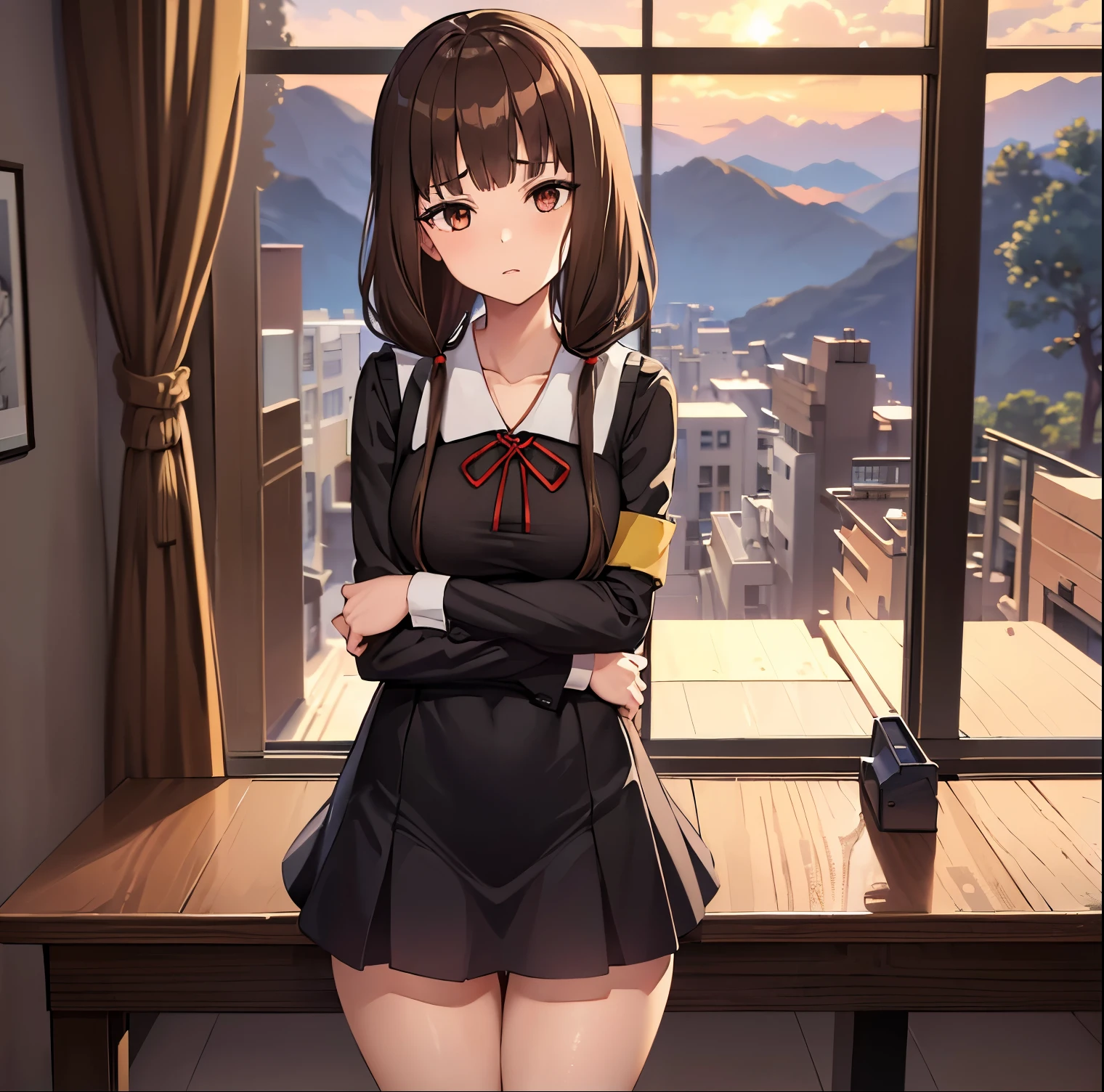 ((1girl)),((alone)),iino_miko, \( kaguya sama\),(masterpiece), (best quality), (ultra detailed), (best illustration), (best shadow), (absurdities), sharp focus, cowboy shot, atmospheric perspective, depth of field, dynamic posture, ((looking at viewer)), medium breasts, narrow waist, wide hips, medium thighs, round butt, erotic, romantic, (highly detailed eyes, lips 1.1), highly detailed eyes, eyes, Highly detailed face, Very beautiful face, Symmetrical face, Aesthetic face, perfect face, perfect eyes, detailed eyelashes: 1.5), full height, beautiful slim figure, femininity, expressive appearance, elastic medium breasts , sexuality, parted lips, long hair, brown hair, brown eyes, two pigtails, two low pigtails, blunt bangs, dress, collarbone, black dress, school uniform, shuuchiin academy school uniform, long sleeves, bracelet, medium breasts, ribbon, red ribbon, neckband, curves, defined body, Perfect and beautiful body, perfect and beautiful, calm look, closed mouth, ((stoic expression)), blushing, (sexy pose: 1.2), ((solo) ), standing: 1.3,((interior, school, student council room, table, chairs, paperwork window, sunset, clouds,)), Looking forward ,((focus on thighs:1.4)), point of view: (from Middle), perfect anatomy, hands