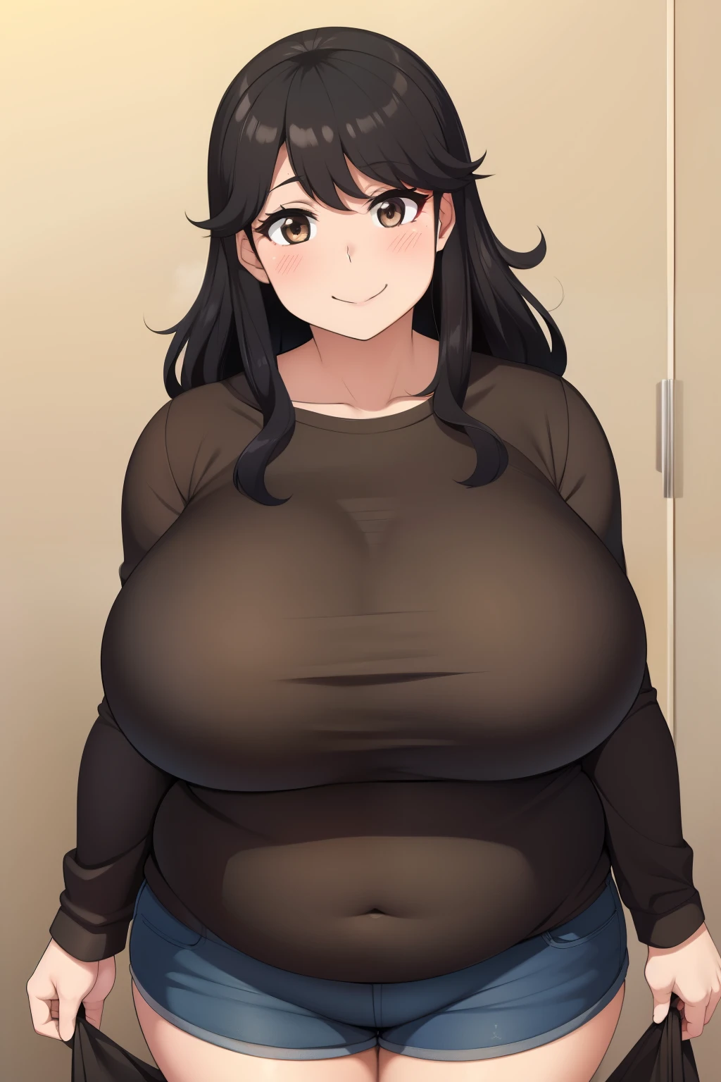 Plump  21 big breasts black hair brown eyes happy longer hair smile blushing deredere