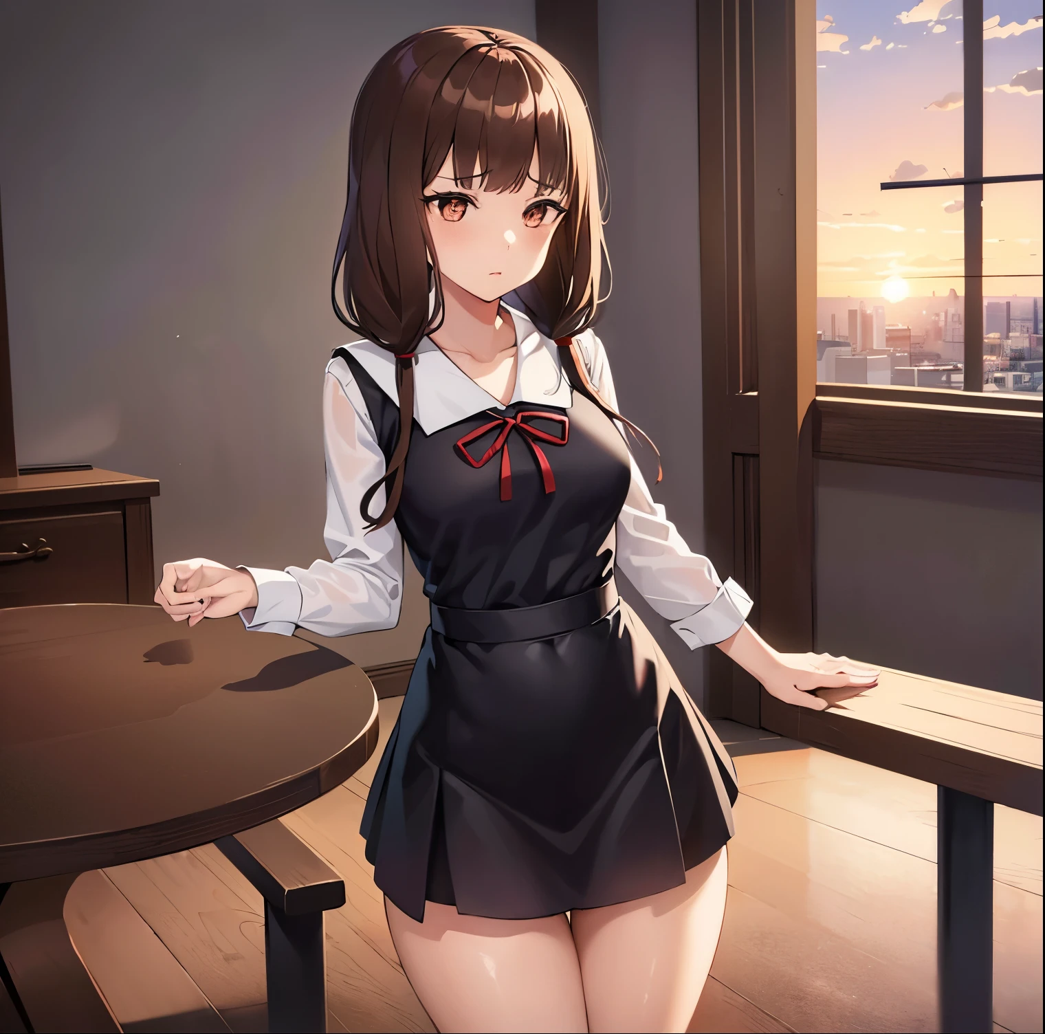 ((1girl)),((alone)),iino_miko, \( kaguya sama\),(masterpiece), (best quality), (ultra detailed), (best illustration), (best shadow), (absurdities), sharp focus, cowboy shot, atmospheric perspective, depth of field, dynamic posture, ((looking at viewer)), medium breasts, narrow waist, wide hips, medium thighs, round butt, erotic, romantic, (highly detailed eyes, lips 1.1), highly detailed eyes, eyes, Highly detailed face, Very beautiful face, Symmetrical face, Aesthetic face, perfect face, perfect eyes, detailed eyelashes: 1.5), full height, beautiful slim figure, femininity, expressive appearance, elastic medium breasts , sexuality, parted lips, long hair, brown hair, brown eyes, two pigtails, two low pigtails, blunt bangs, dress, collarbone, black dress, school uniform, shuuchiin academy school uniform, long sleeves, bracelet, medium breasts, ribbon, red ribbon, neckband, curves, defined body, Perfect and beautiful body, perfect and beautiful, calm look, closed mouth, ((stoic expression)), blushing, (sexy pose: 1.2), ((solo) ), standing: 1.3,((interior, school, student council room, table, chairs, paperwork window, sunset, clouds,)), Looking forward ,((focus on thighs:1.4)), point of view: (from Middle), perfect anatomy, hands