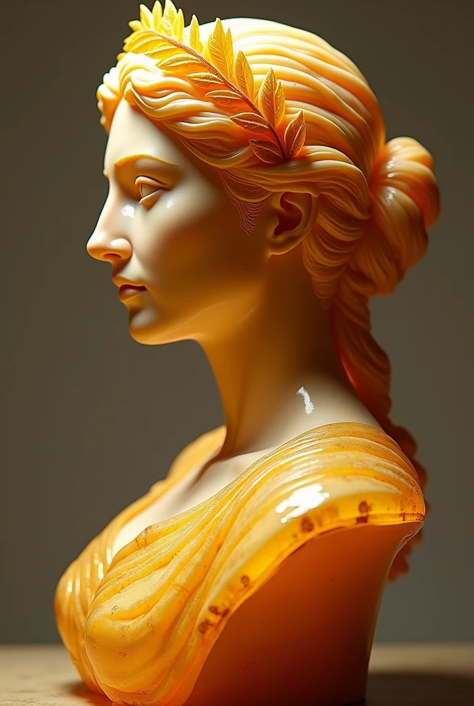 A beautiful woman old royal historical potrait size statue, falling honey from its face , white background