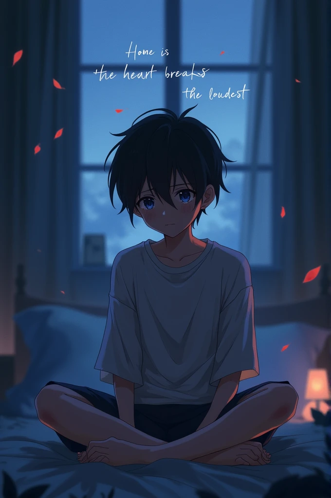 Create a scene featuring a heartbroken anime boy sitting alone in a dimly lit room. His expression is filled with sadness and longing, reflecting the pain of a broken home. The background should have a melancholic yet fantastic aesthetic, blending deep blues and purples with soft, ethereal lights. Include subtle details like falling leaves or fading memories to enhance the emotional weight.Incorporate the following quote in a beautiful, flowing font:"Home is where the heart breaks the loudest."Make sure the text blends seamlessly with the artwork, adding to the overall sad vibe.