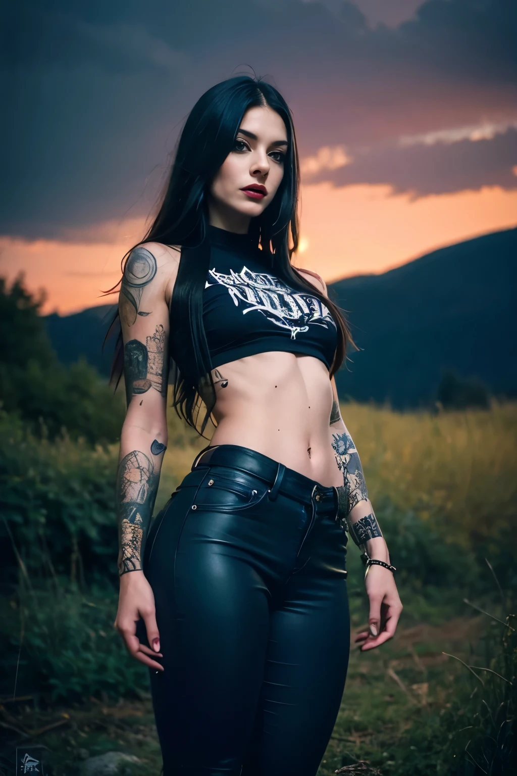 Best Quality,Masterpiece,Ultra High Resolution,(Realisticity:1.4),Original Photo,Cinematic Lighting, 1girl, solo, Metalhead Style girl at night under the moonlight, Hot Body, ABS, tattooed, wearing ripped black pants, black clothes, fit body, heavy metal style, heavy metal art style, heavy metal concert background. realistic, datailed, detailed face, 4K.