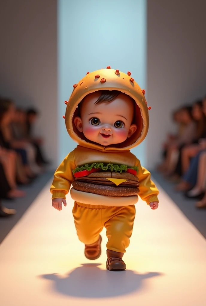 Create a scene where an adorable baby is dressed in a donut costume, and walks confidently down the runway, smiling, showing off her ultra-realistic fashion sense. ultra-realistic 4k moving camera