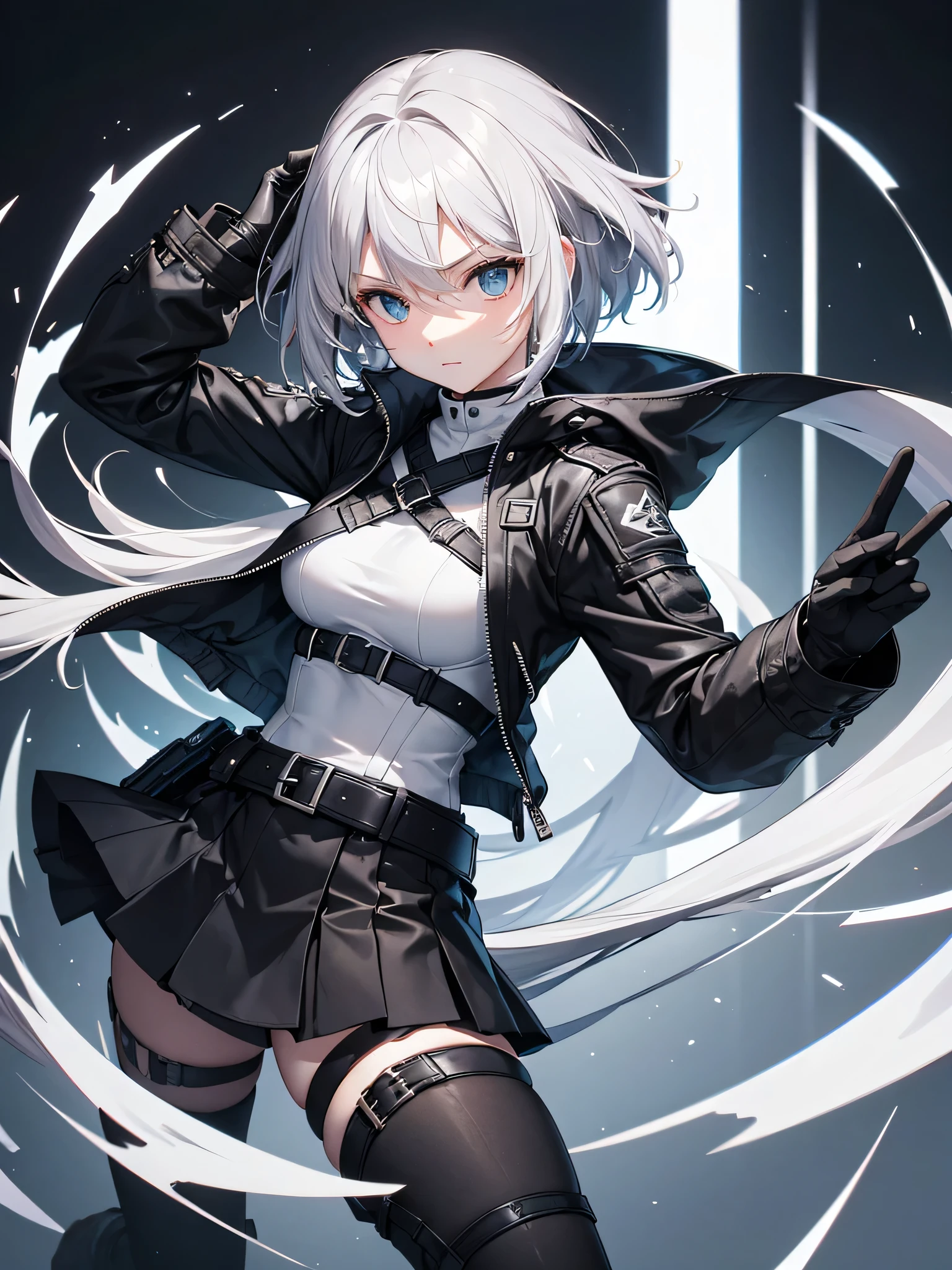 1 Girl, Mature, Solo , Alone, A Single Human, Big Chest, Violet Eyes, , Hair accessories, White Bob Hair, Short Hair, Silver Hair, Bang, hair between eyes, black military uniform, black dress, white cape, white gloves, pantyhose, high heel boots, Explosion, Standing Alone in the middle, Sci-fi City, ((Best quality)), ((masterpiece)), 3D, HDR (High Dynamic Range),Ray Tracing, NVIDIA RTX, Super-Resolution, Unreal 5,Subsurface scattering, PBR Texturing, Post-processing, Anisotropic Filtering, Depth-of-field, Maximum clarity and sharpness, Multi-layered textures, Albedo and Specular maps, Surface shading, Accurate simulation of light-material interaction, Perfect proportions, Octane Render, Two-tone lighting, Wide aperture, Low ISO, White balance, Rule of thirds,8K RAW, Aura, masterpiece, best quality, Mysterious expression, magical effects like sparkles or energy, flowing robes or enchanting attire, mechanic creatures or mystical background, rim lighting, side lighting, cinematic light, ultra high res, 8k uhd, film grain, best shadow, delicate, RAW, light particles, detailed skin texture, detailed cloth texture, beautiful face, (masterpiece)