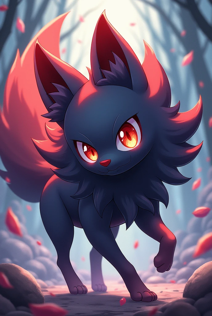 (dark type cat pokemon),normal cat, first evolutionary stage, quadrupedal, dark appearance, Solo,purple eyes,forest background,night, bright eyes, cute appearance,face with a slutty smile, blushing and an intimidating appearance.(maximum detail , Backlit, 4K)