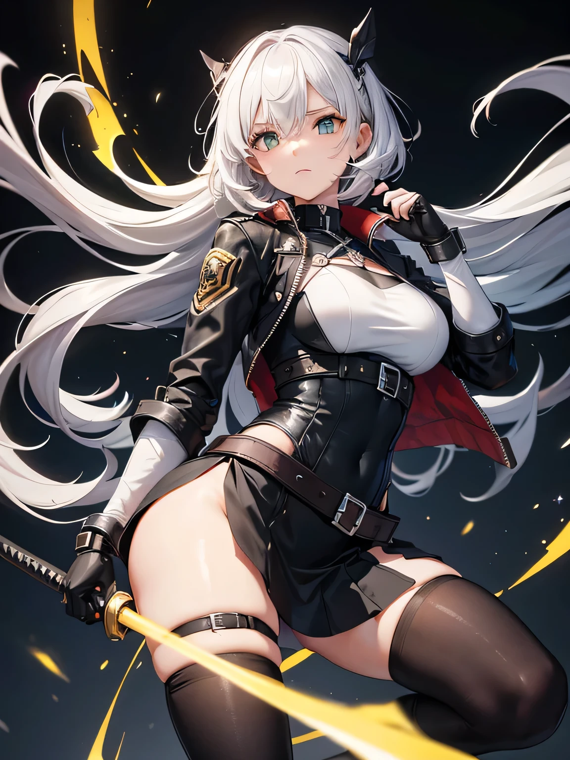 最high quality、best image quality、masterpiece、teenage girl((18-year-old、 By becoming、vest bust、medium bust,wide open breast tea、black eye, gray hAria、long hAria、thin,highest valley、Black Battlesuit、white arm parts、white leg parts、Holding a big sword、Glowing red wings,Aria、splatters、fighting pose)),high quality、beautiful art、background((outer space、battlefield、splattersing beams、military base))瓦礫がsplatters、Depth of written boundary、movie、visual art、perfect art、8K,genuine