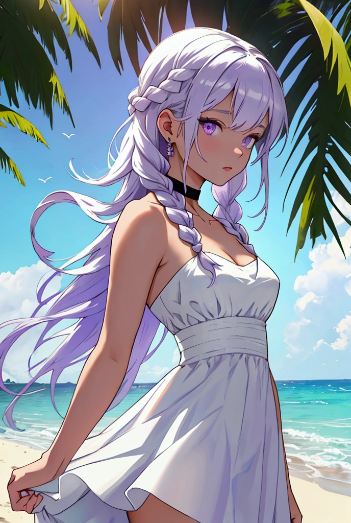 ((Top quality, 8K, masterpiece: 1.3)), A lovely Japanese woman, yinji, purple hair, purple eyes, long hair, white hair, double braids, gradient hair, Emphasizes slim abdominal muscles: 1.3, (Feel free to hairstyle, Standard breasts: 1.2), : 1.2, 1 Boyle, beach, Super detailed face, delicate eyes, Double eyelids