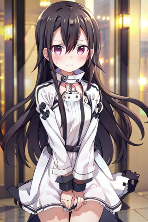 One girl, Black Hair, White dress,Blushing, Look at, Golden Eyes, Frowning, teeth, chest, Long Hair, Kirito(GGO)