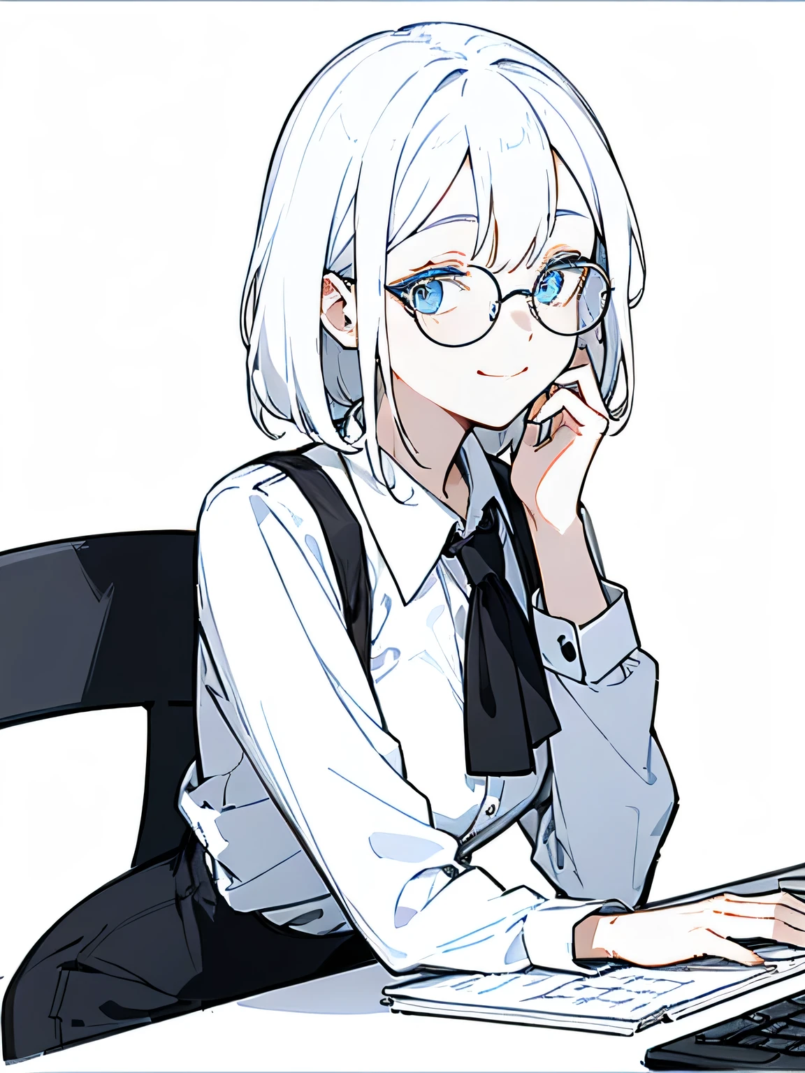 best quality, masterpiece, detailed, 1 girl, solo, slim, white hair, blue eyes, smile, closed mouth, a labtop, typing, office lady, simple background, wearing white shirts and black suit, wearing oversized full round glasses