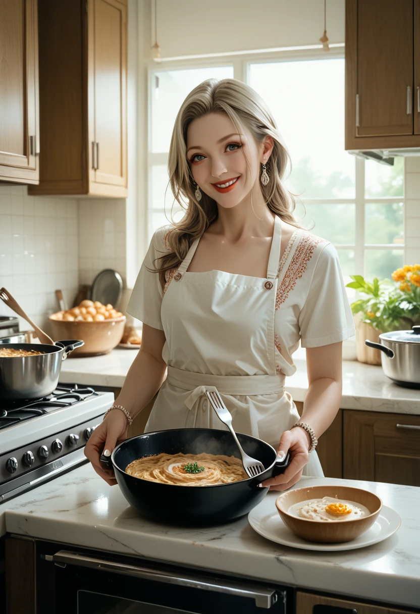 rating_safe, score_9, score_8_up, score_7_up, score_6_up, score_5_up, score_4_up, hires, cover page, Cuisine Information Journal, highres(lovers, housekeeper girl, cooking, wolf husband)Newlyweds, kitchen, smile, cinematic lighting,