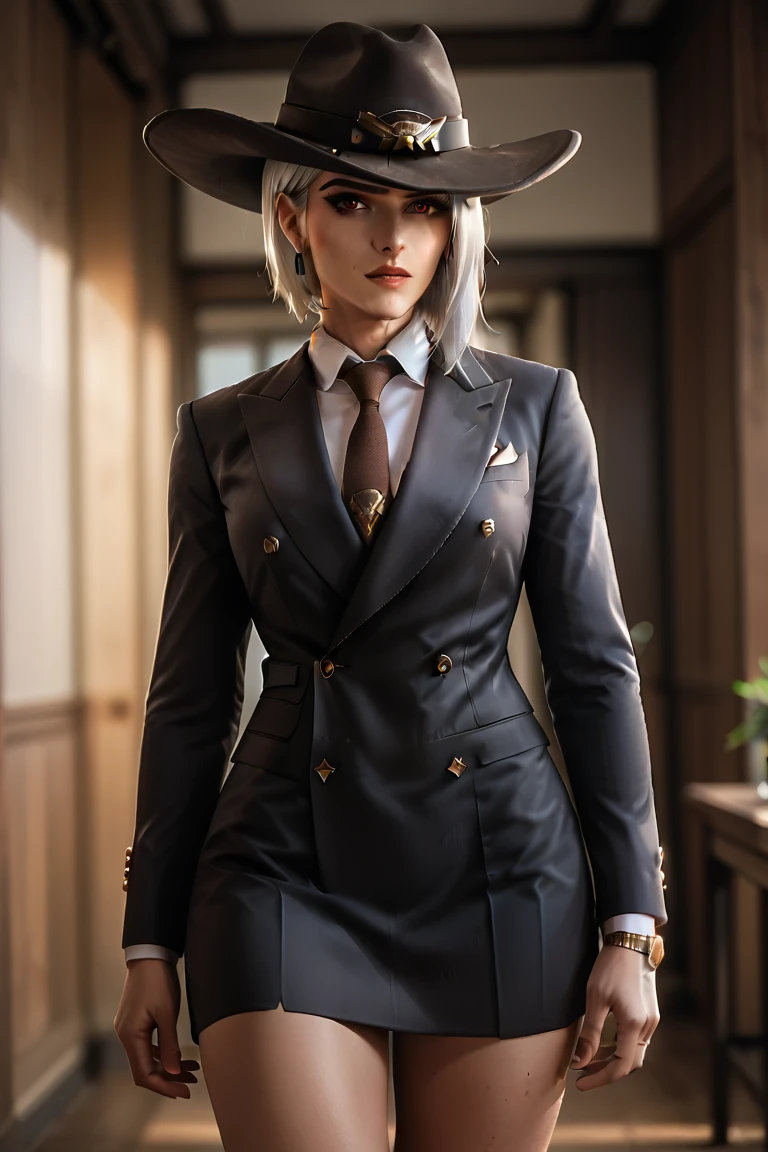 ashek1ck1x,  score_9, score_8_up, score_7_up, score_6_up, necktie, cowboy hat,  vest, blazer, three piece suit, skirt, (double-breasted suits), 1 girl