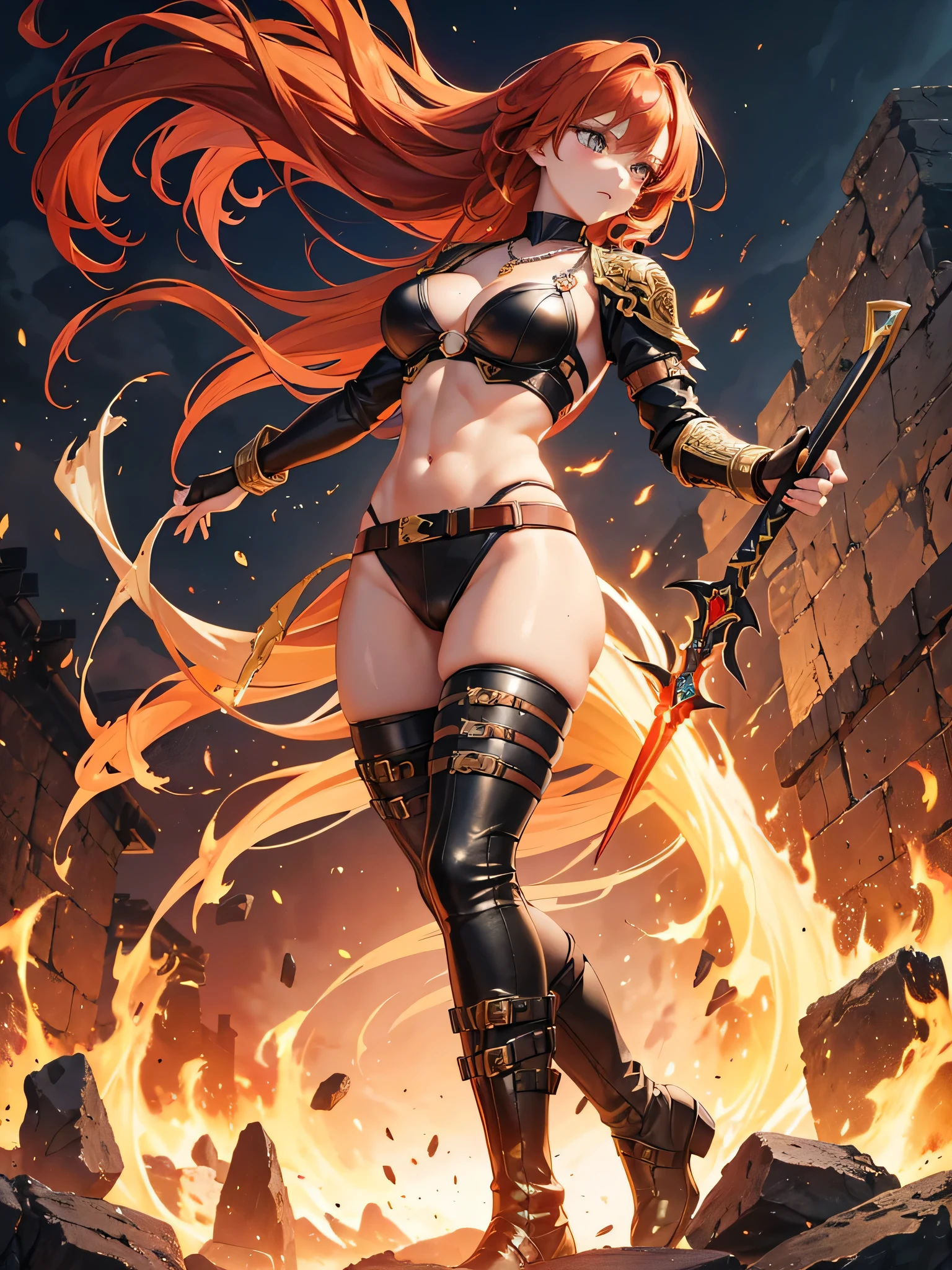 girl in very thin bikini armor, hot sexy seducive body, sexy legs big boobs.big ass, fighting, flames, scratches, fire, blasts, 4k