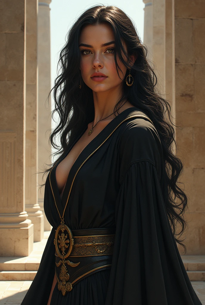 (Not sexy)(portrait)(european type) young woman, long black hair, green cape, a golden pins in ger cape serious face, muscular, armoerd