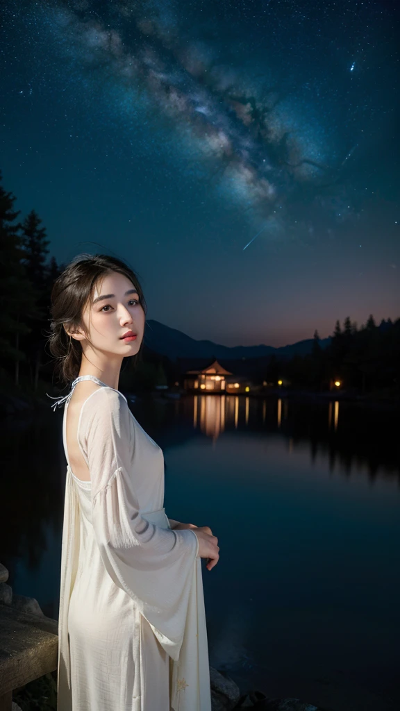 Focus on starry sky of summer. A Japanese woman facing away and looking up at a night sky filled with twinkling stars. She is wearing a seer white Revealing necklines dress and her face, slightly blurred by the darkness, shows a subtle smile. The scene is serene and enchanting, with a focus on the starry sky and the gentle glow of the blouse contrasting against the dark background. The image should be realistic with a calm, tranquil atmosphere, and the stars should be clearly visible and bright against the dark night sky. (Raw photo:1.2), (Photorealsitic), Beautiful detailed,  (Real: 1.4), extremely detailed eye and face, beatiful detailed eyes, super wide lens shot from below