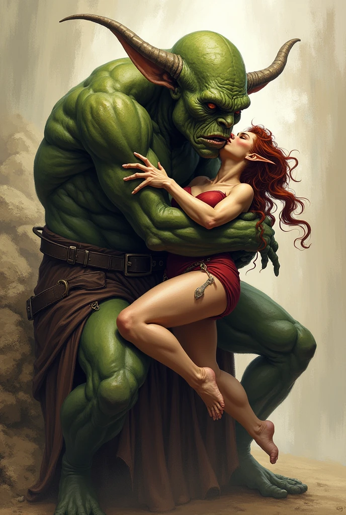 (1,girl, 1boy, duo:1.2, (boy is fucking her hard on the ground, carrying) ), ((girl is a nude, (redhead long hair):1.1,(detail eyes, face)), ((boy is an Orc with big penis), fully nude, (bald):1.1, detailed face) (background, enchanted forest, waterfall), (detail):1.2