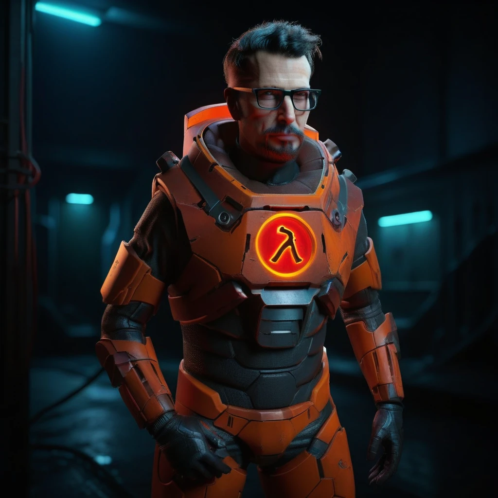 Neon noir  a man with glasses in a orange and black space suit, holds a red (((crowbar))), dystopian background . Cyberpunk, dark, rainy streets, neon signs, high contrast, low light, vibrant, highly detailed