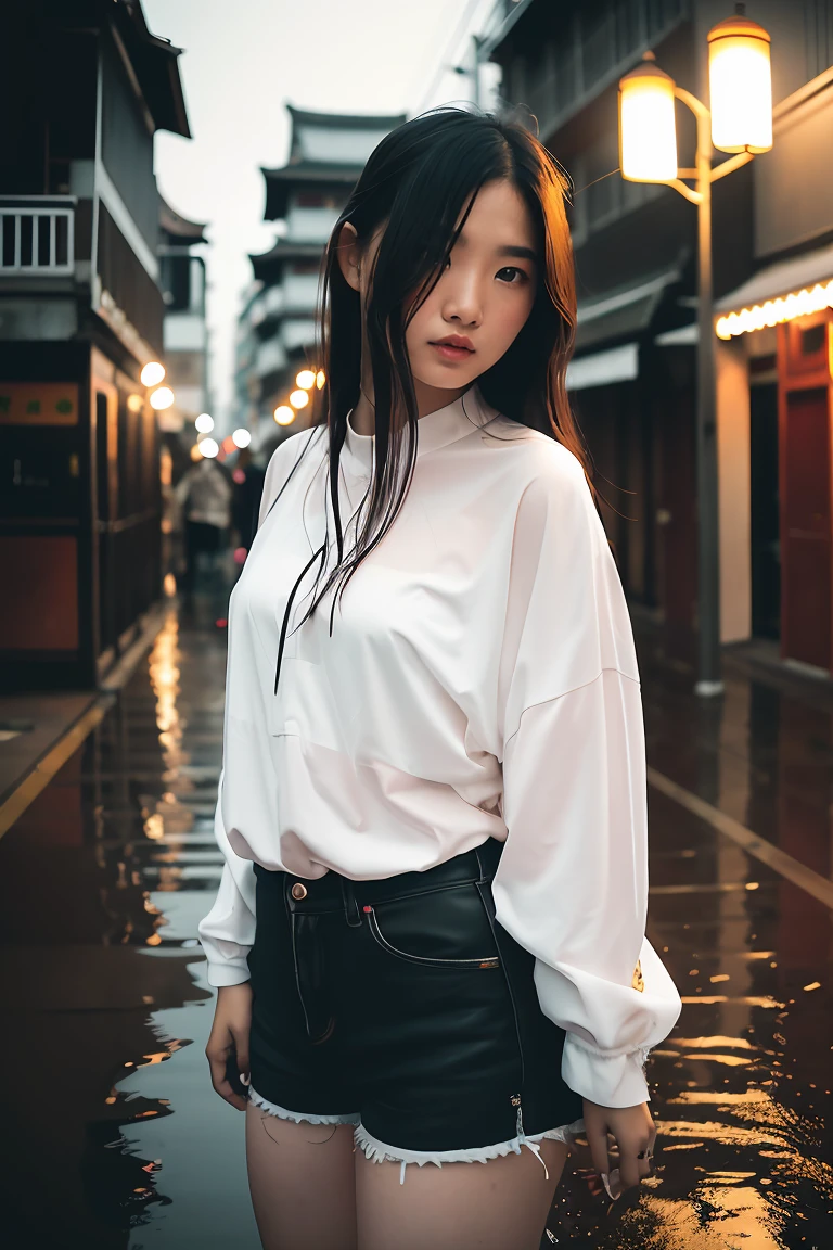 1girl,solo,long hair,Rough skin,(looking at viewer:1.2),wet hair,micro_shorts,dark,polaroid,(depth_of_field:1.5),rainy days,outdoors,street,hair between eyes,moody lighting,Tyndall effect,Cinematic Lighting,night,lamppost,lens flare,available light,rim light,glowing neon lights,curvy,chinese_style,