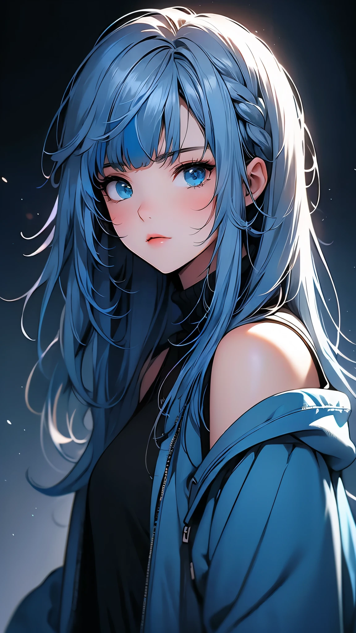 ((Masterpiece)), envision a 8k, highres, cinematic, beautiful close up portrait of a cute girl with a slender body, white shoulder length hair, multicolored hair, blue hair, side locks, long bangs, blue eyes, oversized jacket, tank top, ((((1girl)))), in dark lighting, against a dark gray background