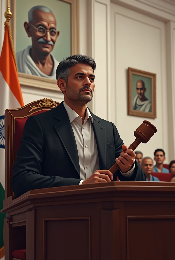 (close-up portrait of a indian lawyer 45 year old man near Indian flag ) (background office, classical furniture, Indian flag in table, Indian low statue, court hammer ) (dark and moody light:1.2)