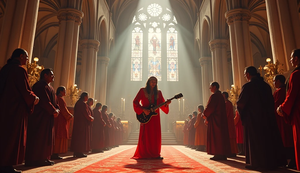 Jesus with the crown of thorns as a guitarist at a heavy metal concert , playing among people in a stone courtyard in a medieval village . Rainy weather. The fans are dancing and chanting. All around metalist fans in capes with skull prints.