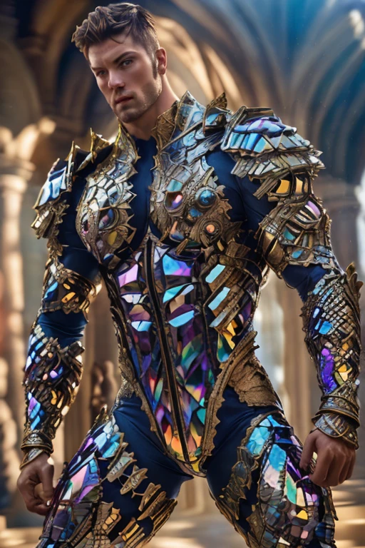 realistic, ((masterpiece)), ((best quality)), (detailed), cinematic, dynamic lighting, soft shadow, detailed background, professional photography, depth of field, intricate, detailed face, subsurface scattering, realistic hair, realistic eyes, muscular, manly, photo of a handsome man, bismuth4rmor, wearing bismuth bodysuit,