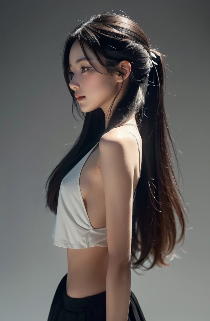 8K, Top Quality, Intricate Details, Ultra Detail, Ultra High Resolution, Masterpiece, close up shot, shot from behind, (Looking back), (full body: 1.1), Slender, Smile, (Makeup: 0.4), ,(( red eyes, black hair, bangs, long hair, high ponytail)), (Fluffy  Eyes: 1.21), (()), 1girl, solo, 1 girl, ((Tifa,Tifa･lockhart,Final Fantasy 7,FF7,l)), close up shot, , ((tall)), (((fit body))), (((slim face))), sharp face, (( ))  ,(detailed face), sharp face, small lips, , ,(( ass up, butt cheek,)) ,, ,
 ((, naked, nude)), , ((naked, nude, )), detailed face, detailed breast, huge breast, detailed ass , detail nipples ,, Narrow Waist, Skinny, tall , 190 cm tall, Muscular, Navel, Exposed Abdomen, Pointed Chest,, Beautiful girl with accentuated slender abs: 1.4, Six Pack Abs: 1.4, , Perfect Body, detail legs, (( dark background)), black background,