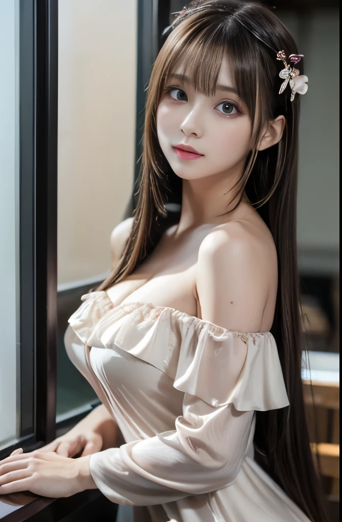 perfect photo, (masterpiece), best quality, expressive eyes, perfect face, Perfect hands, High resolution, high image quality, realistic skin texture, Realistic, Japanese, Girl, 20 years old, Light Brown hair, bangs, Bun Hair, Hair Ribbon, brown eyes, big eyes, small face, blush, peaceful, Choker, nude, Big saggy , Thigh Highs, sofa, Sitting, terrace, Hair blowing in the wind, nfsw