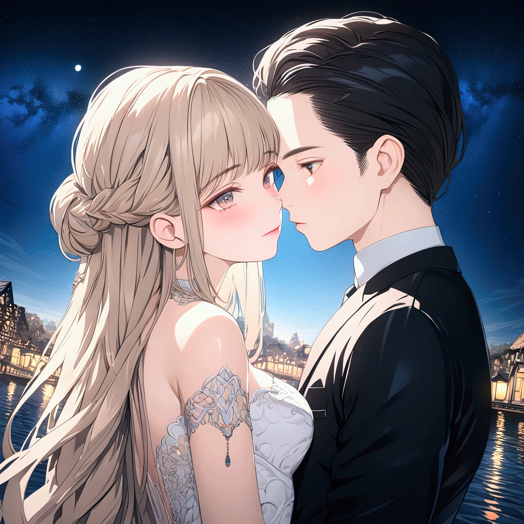 A couple kissing in the middle of the starry night, are wearing wedding clothes(anime style 8k, HDR, UHD, intricate details, extremely intricate details, hyperrealistic, extremely realistic, high quality).
