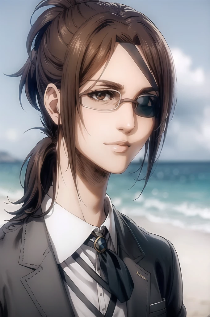 portrait of beautiful HangeAOT, 1girl, solo, brown_hair, glasses, eyepatch, Grey suit with perfect tie , Masterpiece , background a beach with sea , realistic hands , Detailed realistic painting, hd,, White silk shirt, black tie, Messy ponytail, Perfect detailed body ((eyelashes))
((Greek nose))Sonrisa, Modelo HD, leyendo libro,Feliz, Looking at the sea