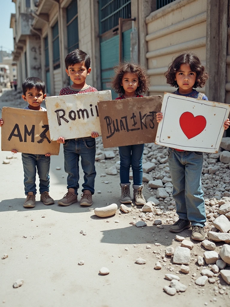 three young women and a young man holding signs in front of the rubble of buildings with a sky background, protesters holding placards, 2506921471, by Emanuel Witz, by Robert Jacobsen, by Ken Elias, 278122496, 💣 💥💣 💥, by Michael Goldberg, 1930897407, hila klein