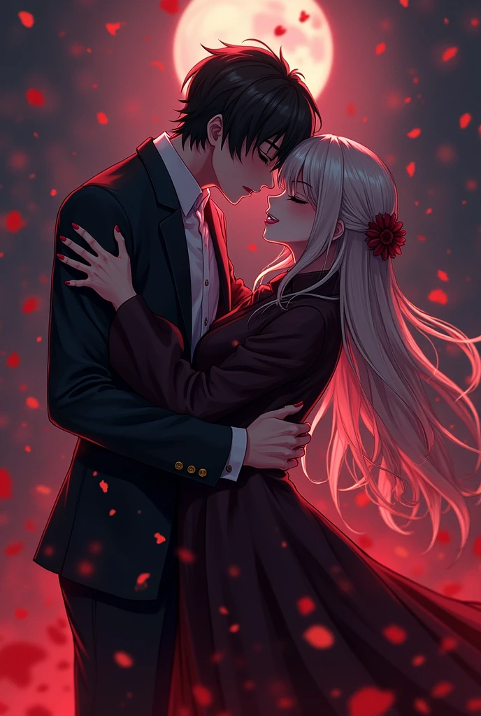quality\(masterpiece, best quality,8k,wallpaper of extremely detailed CG unit,hight resolution,top-quality,top-quality real texture skin,hyper realisitic,increase the resolution,RAW photos,best qualtiy,highly detailed,the wallpaper\), BREAK ,(1couple\(1vampiress embracing 1victim\):1.4), BREAK ,1vampiress\(girl, silver hair, long hair,teen, floating hair, beautiful hair, shining hair, sharp fangs, red eyes, glowing eyes, big eyes, frilled shirt, gothic black cape, gothic frilled skirt, gothic black boots, skinny,breast, ,pale skin,floating in sky\), BREAK ,1victim\(small,relaxed, black hair,short hair, pajama ,eyes closed\), BREAK ,background\(very dark night, (beautiful full moon\(shining bloody red\):1.3), many red roses, thorn (ivy:1.2), rose petals in the sky\)
