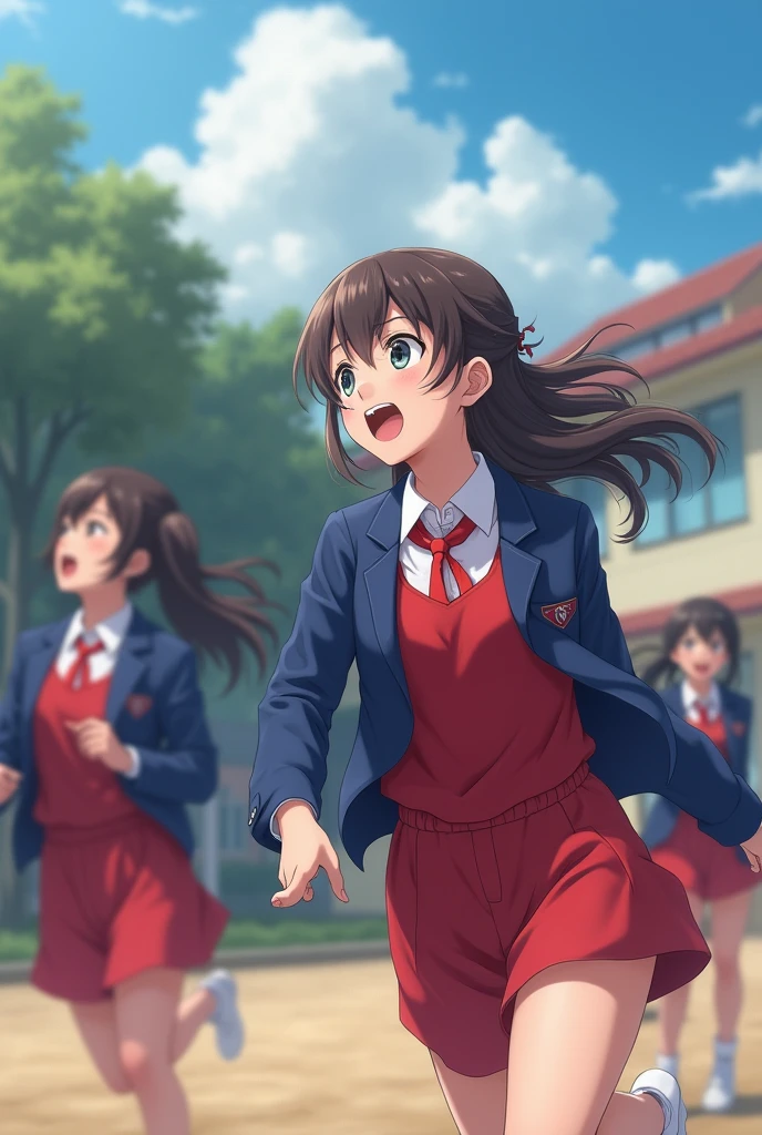 Beautiful animated female  character Wearing black and white  school uniform and one eye in  red colour and second eye in  blue colour  and  creating a magical giant spell in city with his four friends bring sword clicking the photo in front of camera the sun is shining and all are sit in the garden in the summer uniform and wearing cap. 