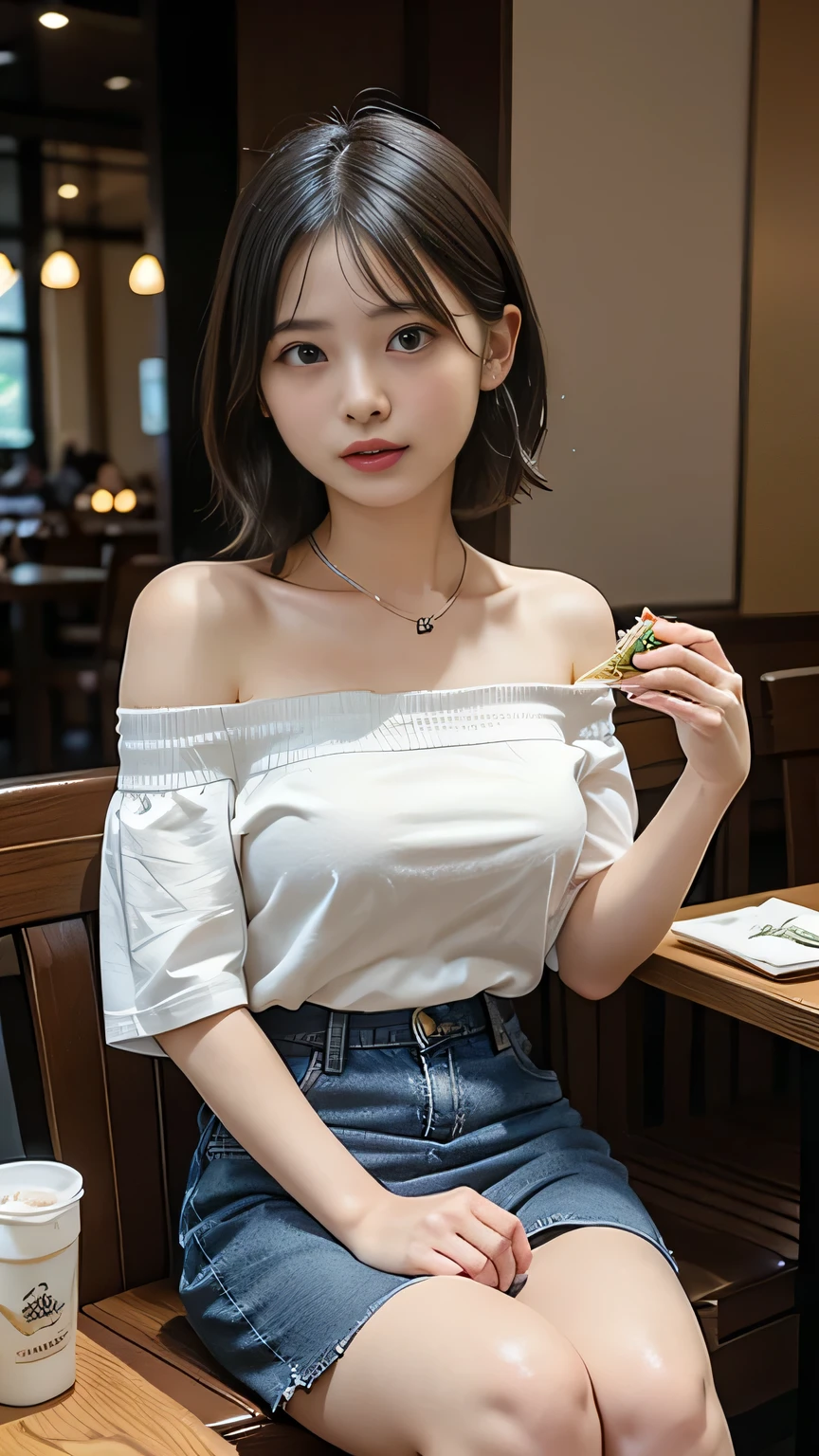 女の子1人、 girl、A dark-haired(Cute Hair Styling)、garments(off shoulder t-shirt、a miniskirt)Petite, very thin and too thin、skinny legs、manicure、simple earrings、Pink lip、a picture、realisticlying、top-quality、adopt、A detailed face、细致背景、depth of fields、Full-body angle of view、Sitting on the couch、sexuell、独奏