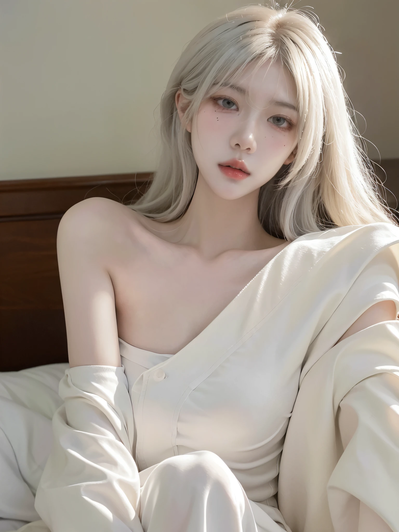 Beautiful woman with perfect figure:1.4,Ultra-high resolution,White background,(lifelike:1.4),Layered Hairstyle,White skin,Bikini:1.5,Super short pleated skirt,whole body,Very delicate face and skin texture,Double eyelids,Skin Whitening,short hair,White hair