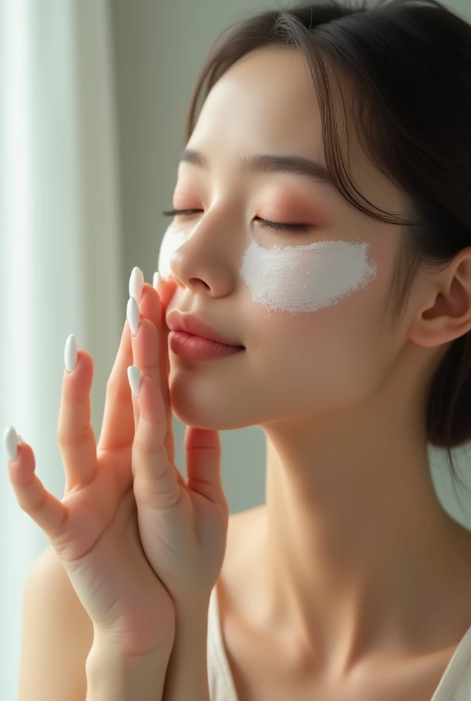 WOMAN APPLYING CREAM ON HER FACE