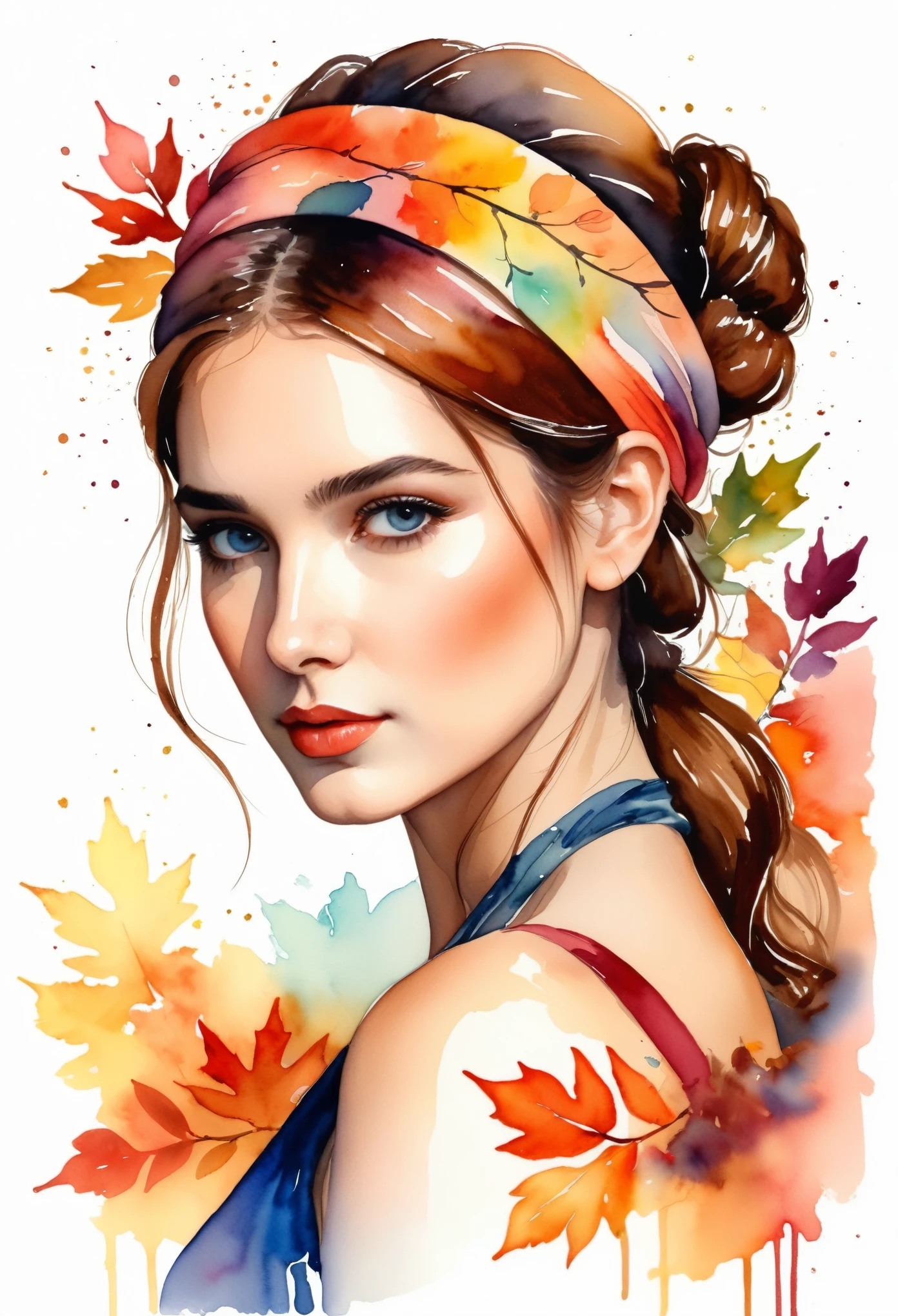 (8k, best quality, work of art:1.2),(best quality:1.0), (Ultra-high resolution:1.0), watercolor, a beautiful woman, shoulder, headband, author:Agnes Cecilia, half body portrait, Extremely bright design, soft colors, (inking:1.3), autumn lights,