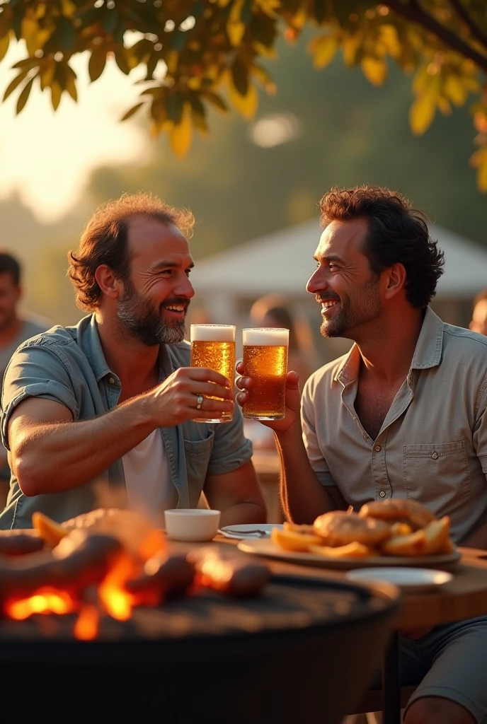 2 handsome cute attractive cowboy man sitting on a farm drinking beer invites a young handsome 27 year old man to his beer