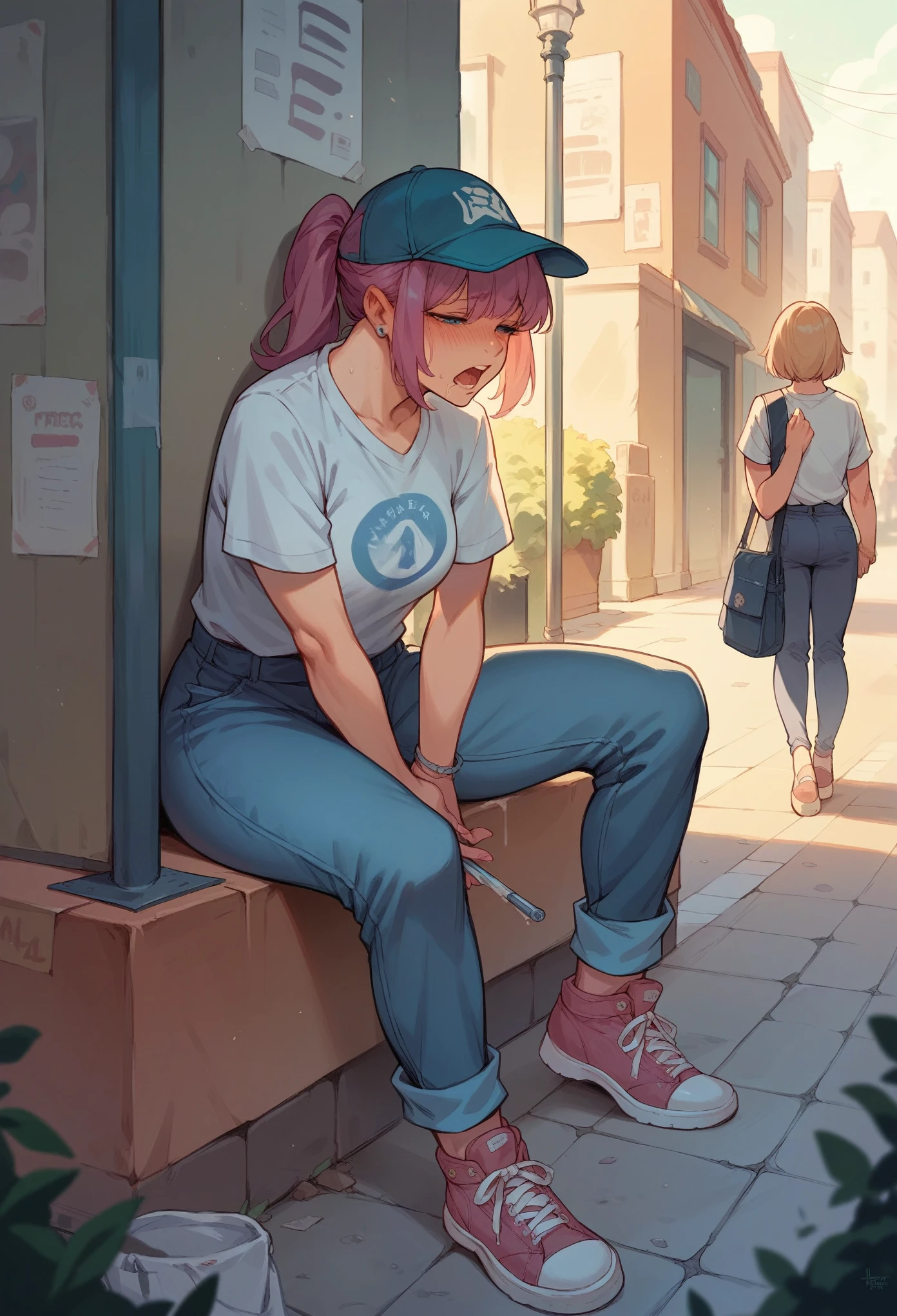 A woman sitting in puddle of shit inside bathrooms