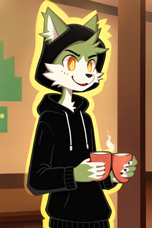 2d, anthropomorphic, bodies, yellow eyes, lobo , black hooded sweater, a few yen, with a cup of coffee in his right hand, skinny physique, happy 