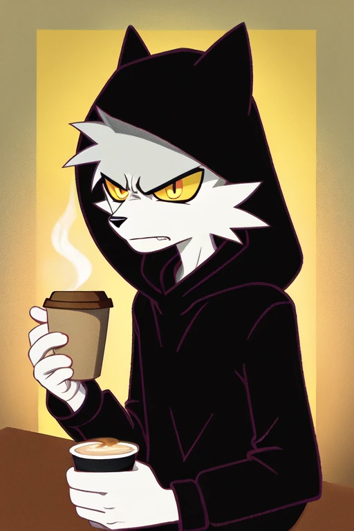 2d, anthropomorphic, bodies, yellow eyes, lobo , black hooded sweater, a few yen, with a cup of coffee in his right hand, skinny physique, angry 