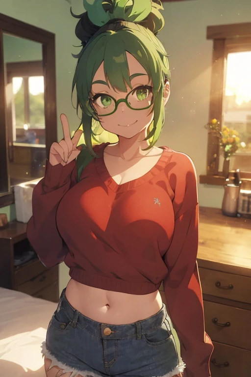 1 female, green hair, hair, space buns  n bangs, afro hair, black girl afro hair, green eyes, darker skin, brown skin, freckles, huge breast, thick legs, red sweater, yellow jean, long jean, boots, glasses, home, bedroom, sunset, happy face, smile, belly button long shirt, sexy pose