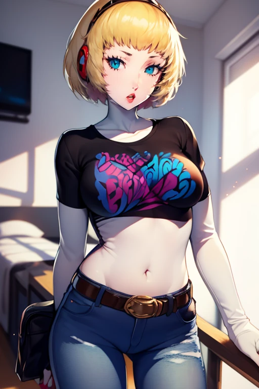 aegis, blonde hair, looking at viewer, 1girl, solo, black t-shirt, white shirt, blue jeans, belt, lipstick, large breasts
