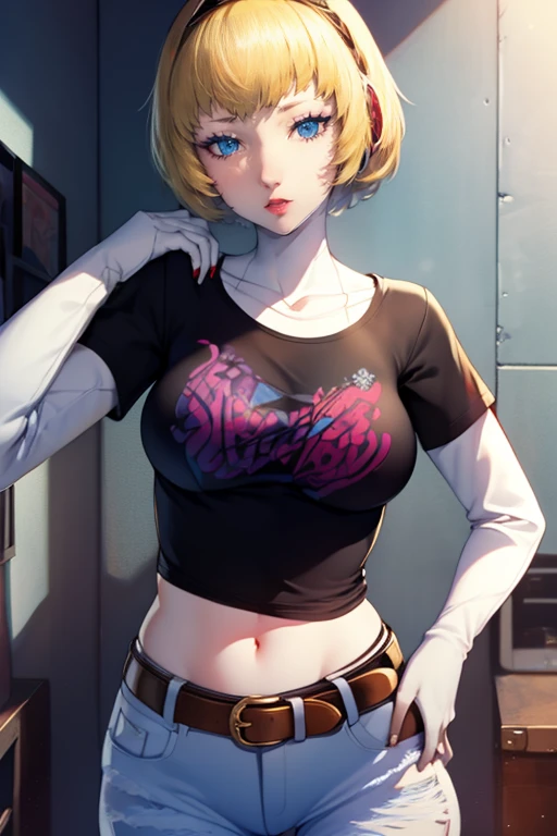 aegis, blonde hair, looking at viewer, 1girl, solo, black t-shirt, white shirt, blue jeans, belt, lipstick, large breasts
