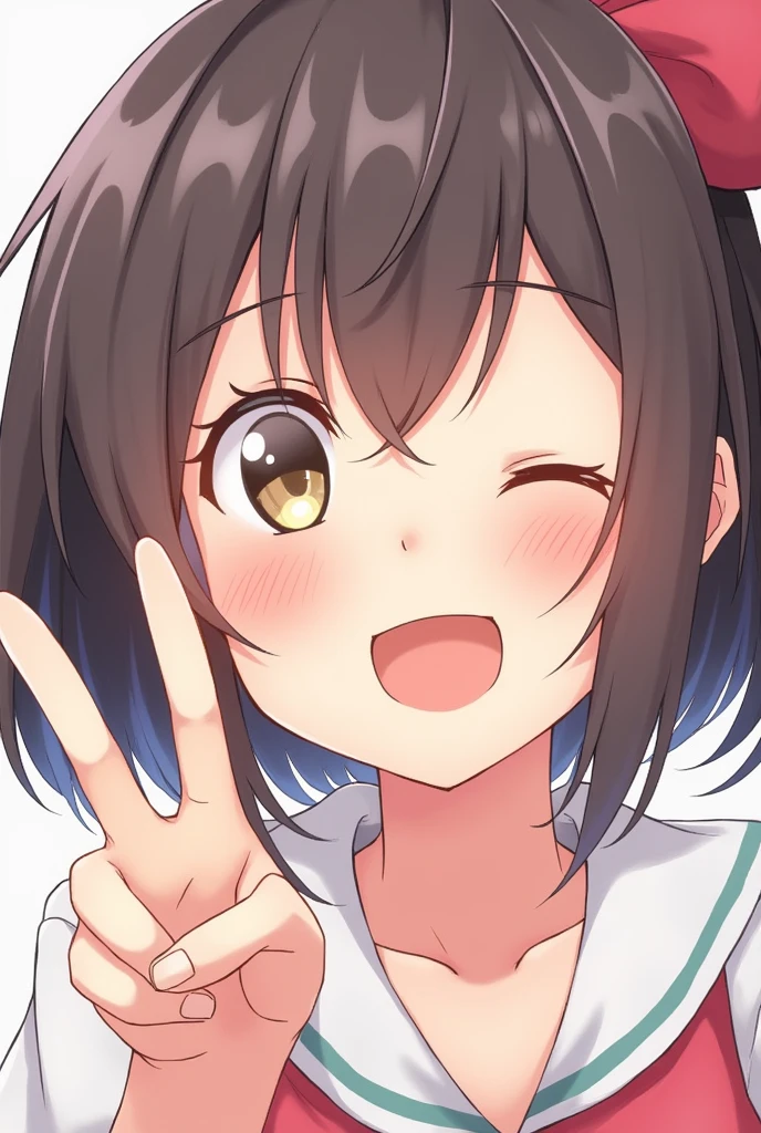 1girl, tiny girl, young girl, mesugaki, mesugaki smile, Teasing, naughty looks, heart eyes, Clenched fist, A girl who puts her own Clenched fist to her own head:1.3, A girl tapping her own head:1.1, tidy, Focus on the girl, glossy skin, oily skin, Close-up of the face, Masterpiece:2, Top Quality, high Quality, Very Detailed, ultra High Resolution, super High Resolution, Beautiful Detail, Dynamic angles, perfect lighting, 8k, Animation Style, cartoon style, game cg, sfw,
